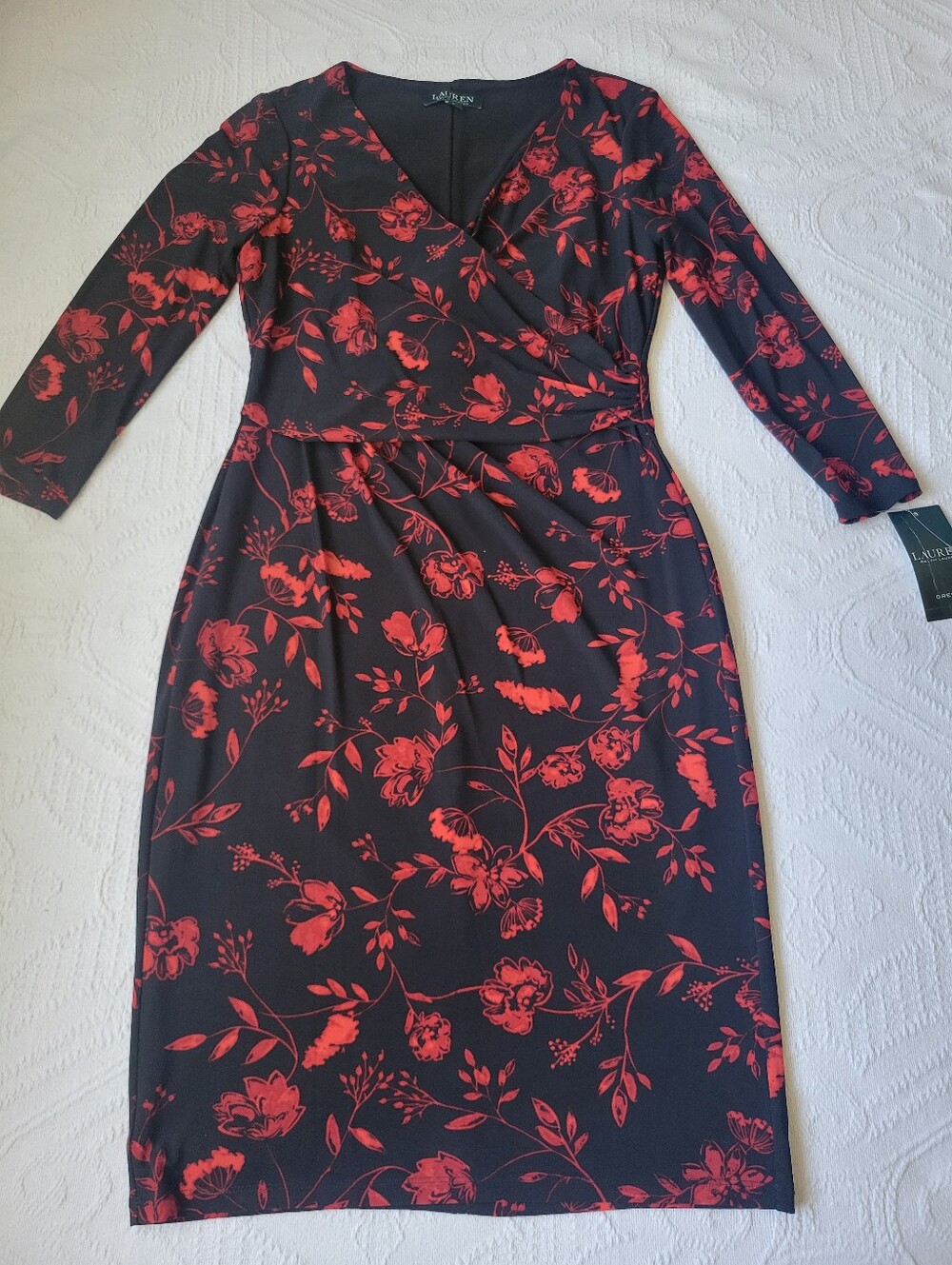 Ralph Lauren Black Dress with Red Floral Print, Long Sleeve